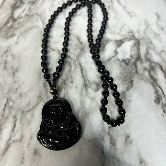 JADE obsidian Black  Hand Carved Maitreya Buddah Pendant Necklace - Picture 9 of 9